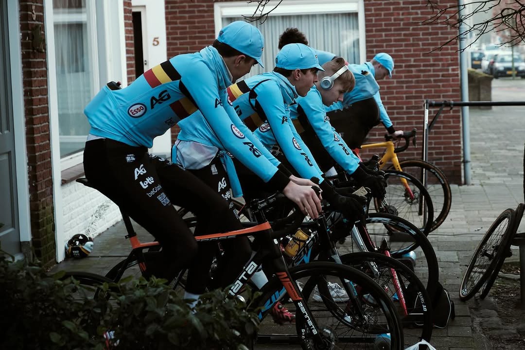 Cyclocross riders warming up on stationary bikes